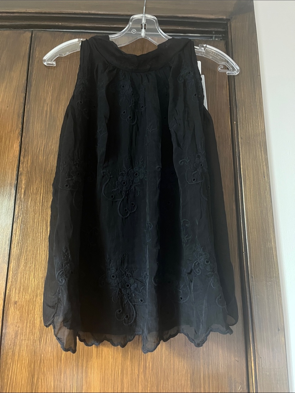 Sleeveless Black Silk Blend Embroidered Women's Blouse